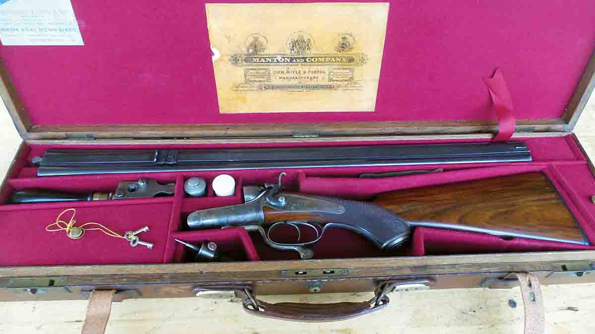 Author’s .577 Manton double rifle used in India. The covered lid contains several reloading accessories.
